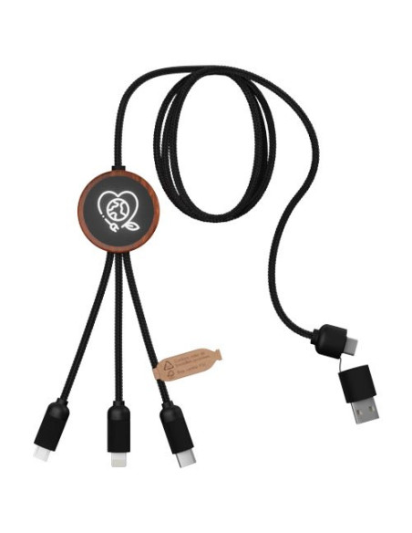 Cavo di ricarica 5 in 1 in rPET riciclato con logo luminoso e custodia rotonda in legno SCX.design C37