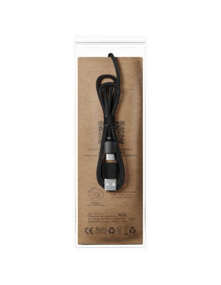 Cavo di ricarica 5 in 1 in rPET riciclato con logo luminoso e custodia rotonda in legno SCX.design C37