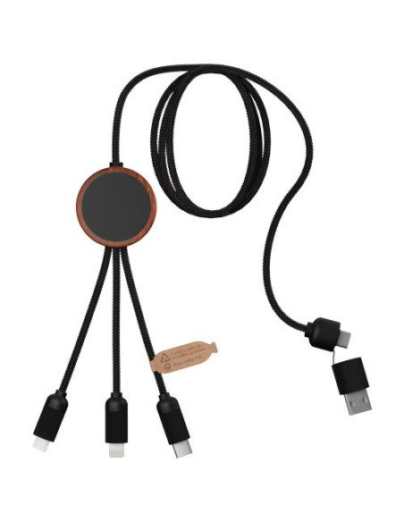 Cavo di ricarica 5 in 1 in rPET riciclato con logo luminoso e custodia rotonda in legno SCX.design C37