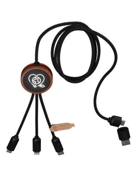 Cavo di ricarica 5 in 1 in rPET riciclato con logo luminoso e custodia rotonda in legno SCX.design C37