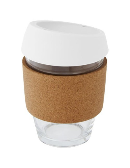 Bicchiere da 360 ml in vetro borosilicato con impugnatura in sughero e coperchio in silicone Lidan